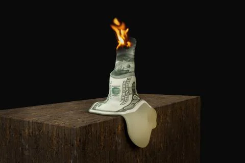 One hundred dollar bill in a shape of candle burning in black background. Stock Illustration
