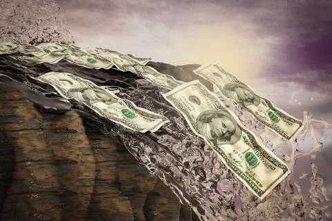 One hundred dollars fall from a waterfall at sunset magenta day. Stock Illustration