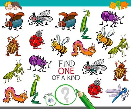 One of a kind game with insect characters Cartoon Illustration of Find One... Stock Photos