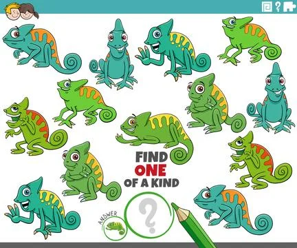 One of a kind puzzle activity with funny cartoon chameleons animals Stock Illustration