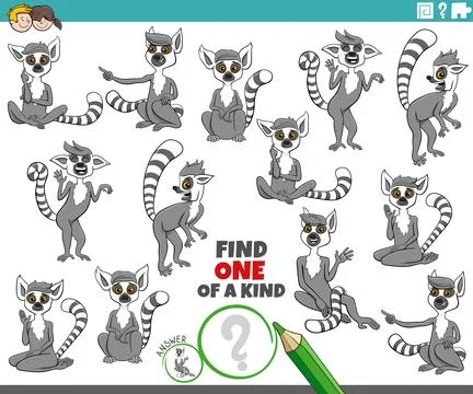 One of a kind puzzle activity with funny cartoon lemurs animals Stock Illustration