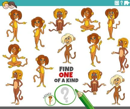 One of a kind puzzle activity with funny cartoon monkeys animals Stock Illustration