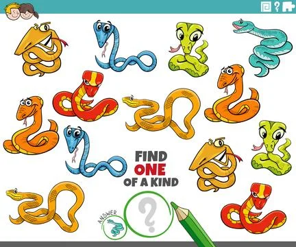 One of a kind puzzle activity with funny cartoon snakes animals Stock Illustration