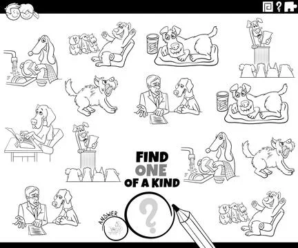 One of a kind task with funny cartoon dogs coloring page Stock-Illustration