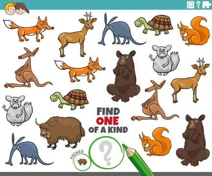 One of a kind task for kids with wild animals Cartoon Illustration of Find... Stock Photos