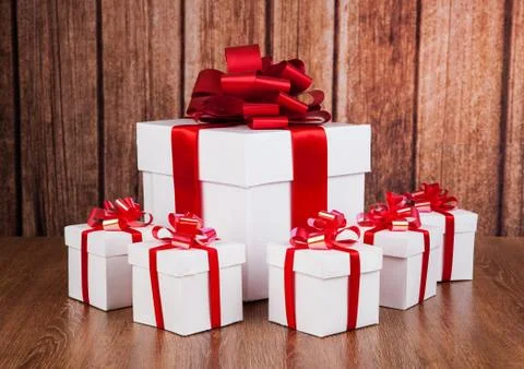 One large white gift box and white gift boxes Stock Photos