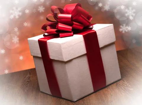 One large white gift box on the wood table Stock Photos