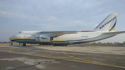One of the largest cargo jet planes An 124 with running engines  Stock Footage 86216673