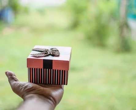 The one left hand holding a present box with the background blurred and cop.. Stock Photos