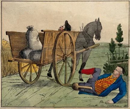 A one-legged man is knocked down by a horse-drawn cart that crushes his woo.. Stock Illustration