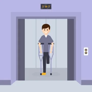 One Legged Young Man with Amputated Leg Standing with Crutches in Elevator イラスト素材