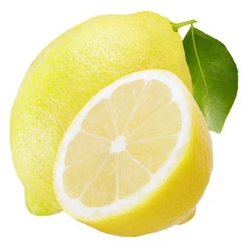 One lemon fruit with half and leaf isolated on white Stock Photos