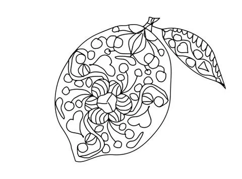 One lemon with a leaf with a vegetable pattern in doodle style on a white bac Illustrazione stock