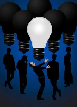 One light bulb is lit while others remain dark to illustrate people getting i Stock Illustration