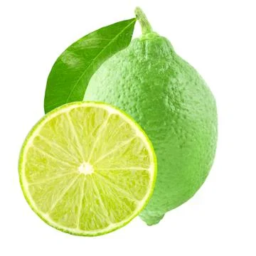 One lime and slice with leaf isolated on white Stock Photos