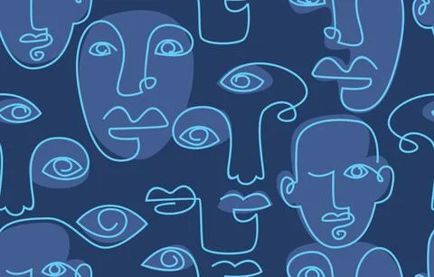 One Line Art Faces Seamless Pattern Stock Illustration