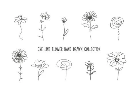 One line art flower vector collection - hand drawn design. Beautiful outline イラスト素材