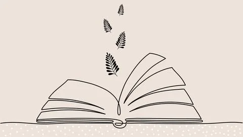 One line book design. Opened notebook and flying leaves or branches silhouettes Stock Illustration