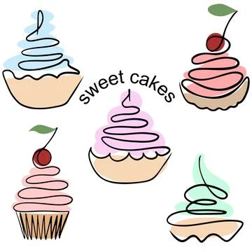 One line cake set. Vector. Various pastries with cream. Stock Illustration