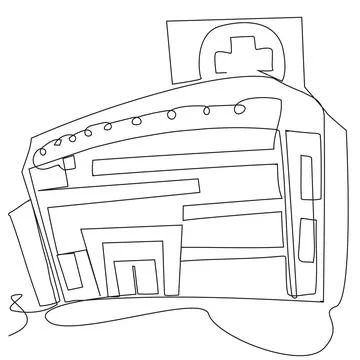 One line clinic building in a simple doodle style on white background. Stock Illustration
