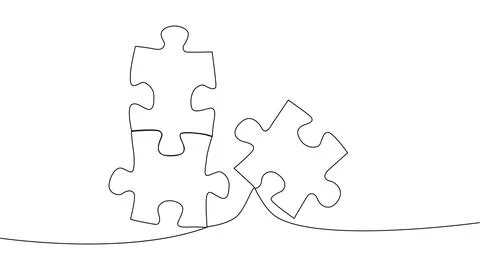 One line connecting puzzle pieces in one continuous line. Puzzle element. Stock Illustration