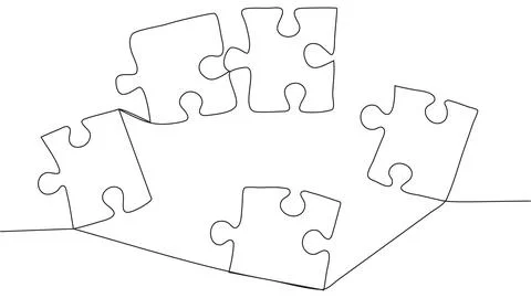 One line connecting puzzle pieces in one continuous line. Puzzle element. Stock Illustration