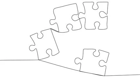 One line connecting puzzle pieces in one continuous line. Puzzle element. Stock Illustration