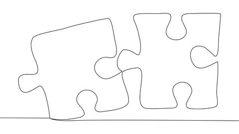 One line connecting puzzle pieces in one continuous line. Puzzle element. Stock Illustration
