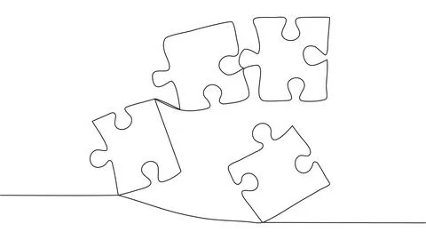 One line connecting puzzle pieces in one continuous line. Puzzle element. Stock Illustration