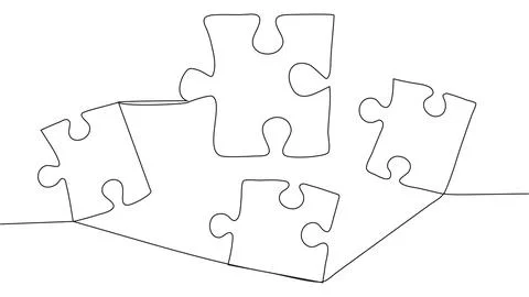 One line connecting puzzle pieces in one continuous line. Puzzle element. Stock Illustration
