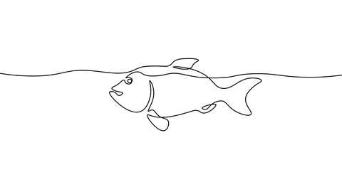 One line continuous sea fish symbol concept. Silhouette salmon fish food menu Stock Illustration