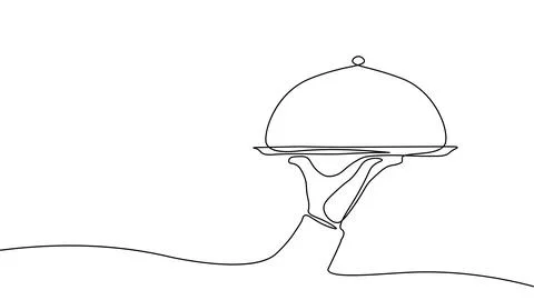 One line continuous waiter with tray closed lid restaurant concept. Hot dishes Stock Illustration