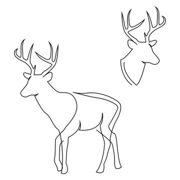 One line design silhouette of deer. Set of full height and head. Hand drawn Stock Illustration