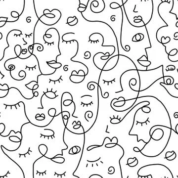 One line drawing abstract face seamless pattern Stock Illustration