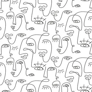 One line drawing abstract face seamless pattern Stock Illustration