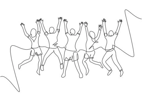 One line drawing of back view group of young happy male and female jumping Illustrazione stock