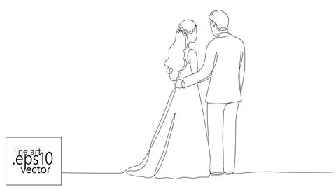 One line drawing bride and groom. Continuous line art wedding couple minimalist イラスト素材