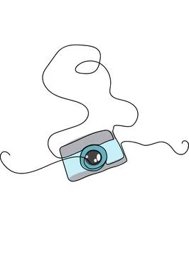 One line drawing of camera linear style.Color image isolated on white backg.. Stock Illustration