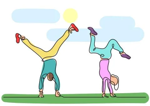 One line drawing of couple doing handstand Stock Illustration
