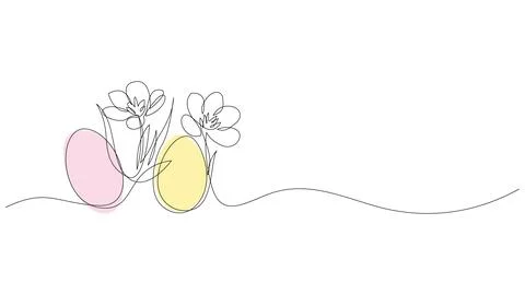 One line drawing of Easter eggs with spring flowers. Happy Easter concept. Stock Illustration
