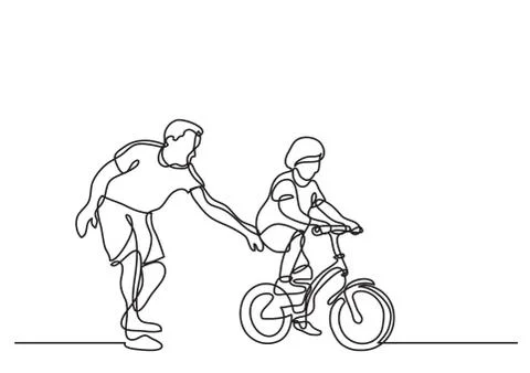 One line drawing of father helping child to drive bicycle Stock Illustration