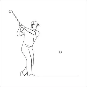 One line drawing of a golfer in mid-swing, focused on hitting the ball Stock Illustration