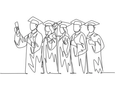 One line drawing group of young happy graduate male female college students Illustrazione stock