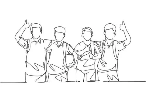 One line drawing group of young happy boys and girls from elementary school Stock Illustration