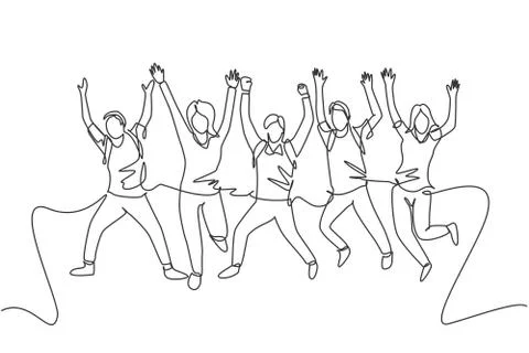 One line drawing group of young happy male and female college student jumping イラスト素材