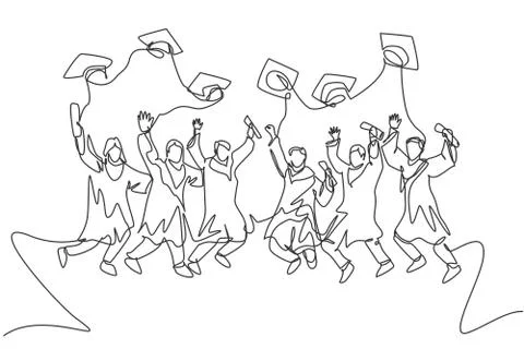 One line drawing group of young happy graduate male female college students Stock Illustration