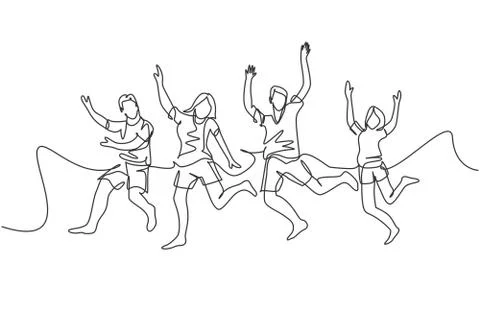 One line drawing of group of young happy male and female jumping together Stock Illustration