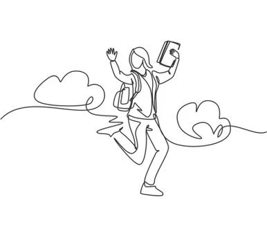 One line drawing group of young happy female college student jumping Illustrazione stock
