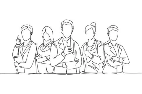 One line drawing of groups of young happy doctors giving thumbs up gesture Stock-Illustration