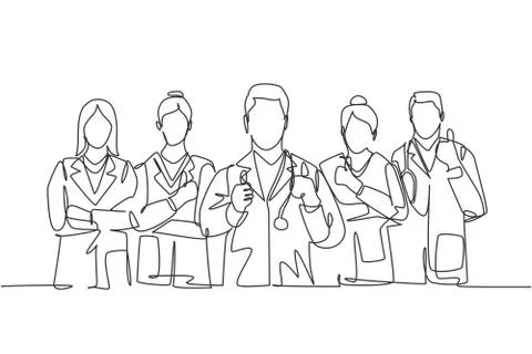 One line drawing of groups of young happy male female doctors give thumbs up Stock Illustration